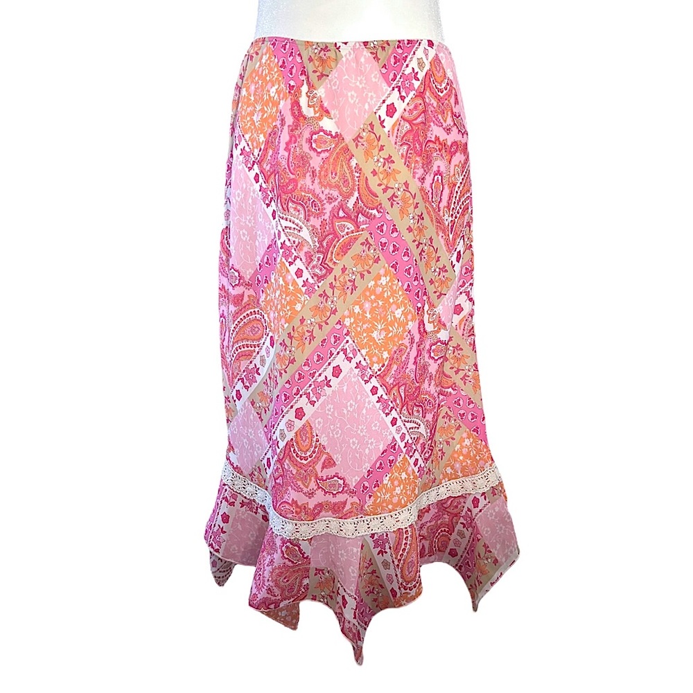 Vintage Y2K Worthington Handkerchief Skirt Pink Orange Patchwork Lace Large 12